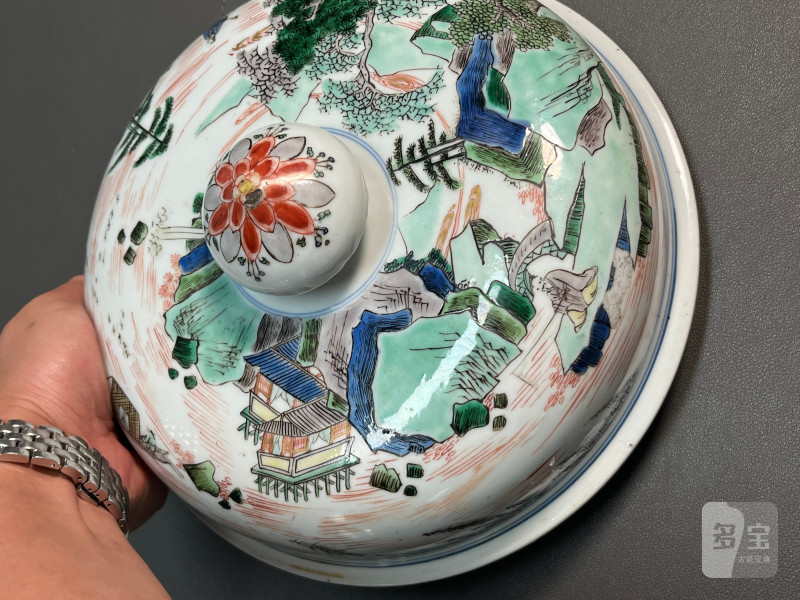 清康熙  五彩通景山水人物图盖罐 - 图20